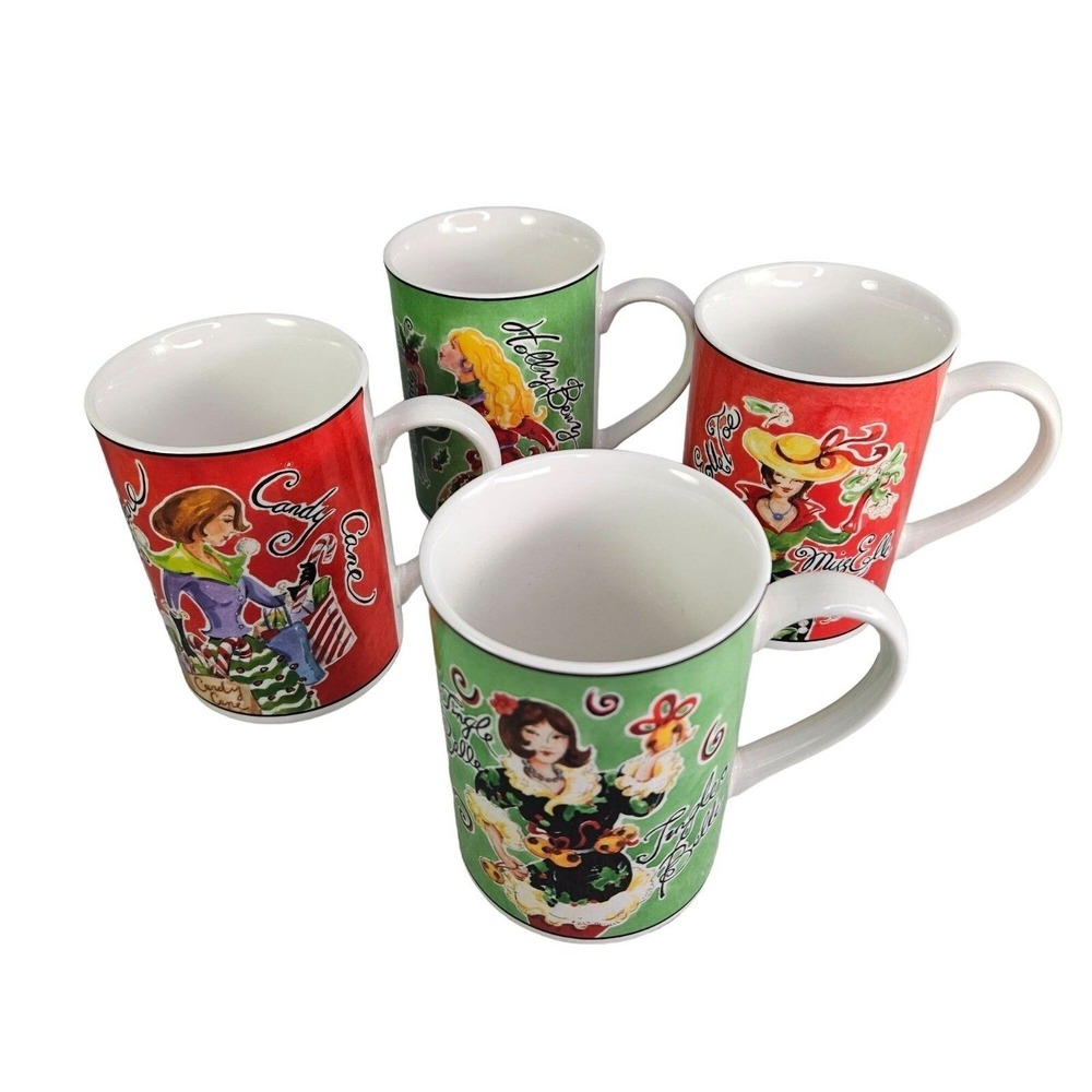 Jingle Belles Coffee Mugs Cups Christmas Set of 4 Tea American Atelier Box READ